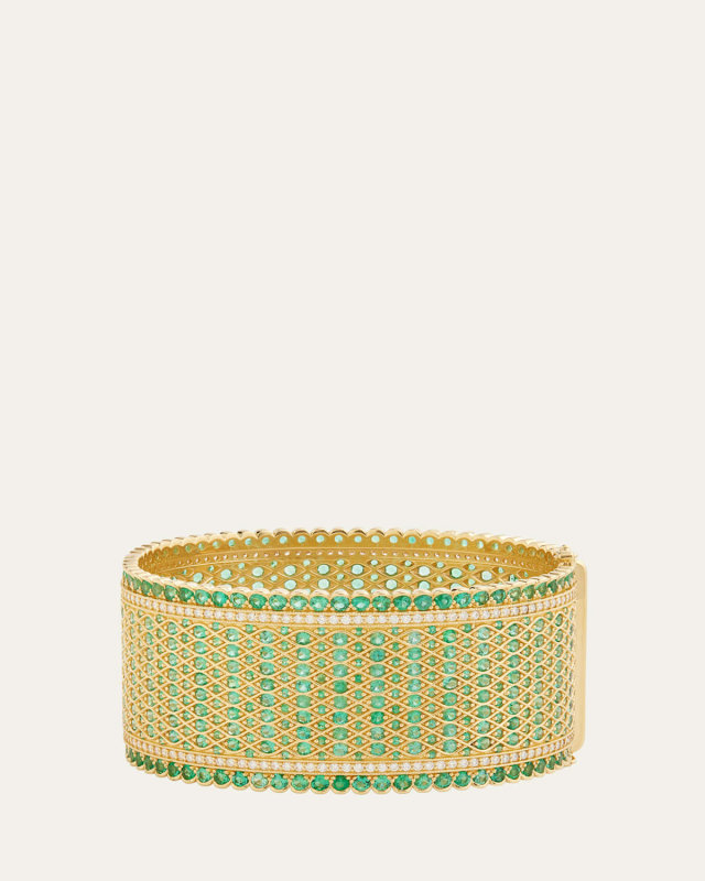 18K Gold Woven Emerald & Diamond Bracelet